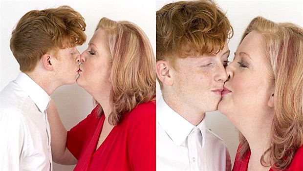 Зрелая мама и молодой сын. Взрослая женщина и мальчик. Поцелуй взрослой женщины. Поцелуй сына. Поцелуй матери и сына.